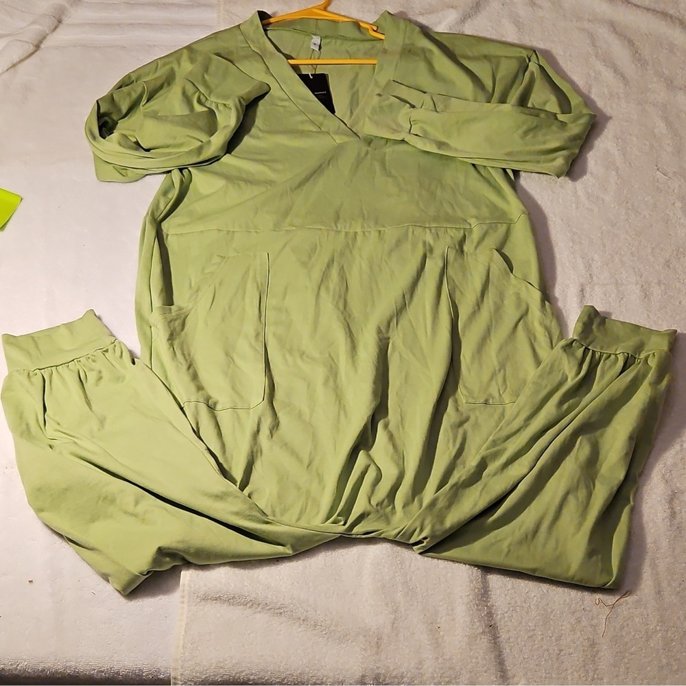 DEEPSELF One-Piece Jumpsuit Green Long Sleeve V-Neck XL Women's‎ Casual